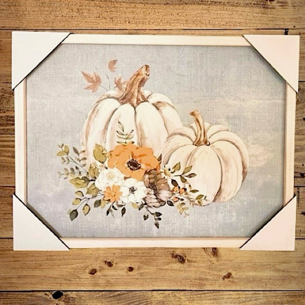 NEW - Farmhouse framed canvas art print featuring pumpkins and floral elements.